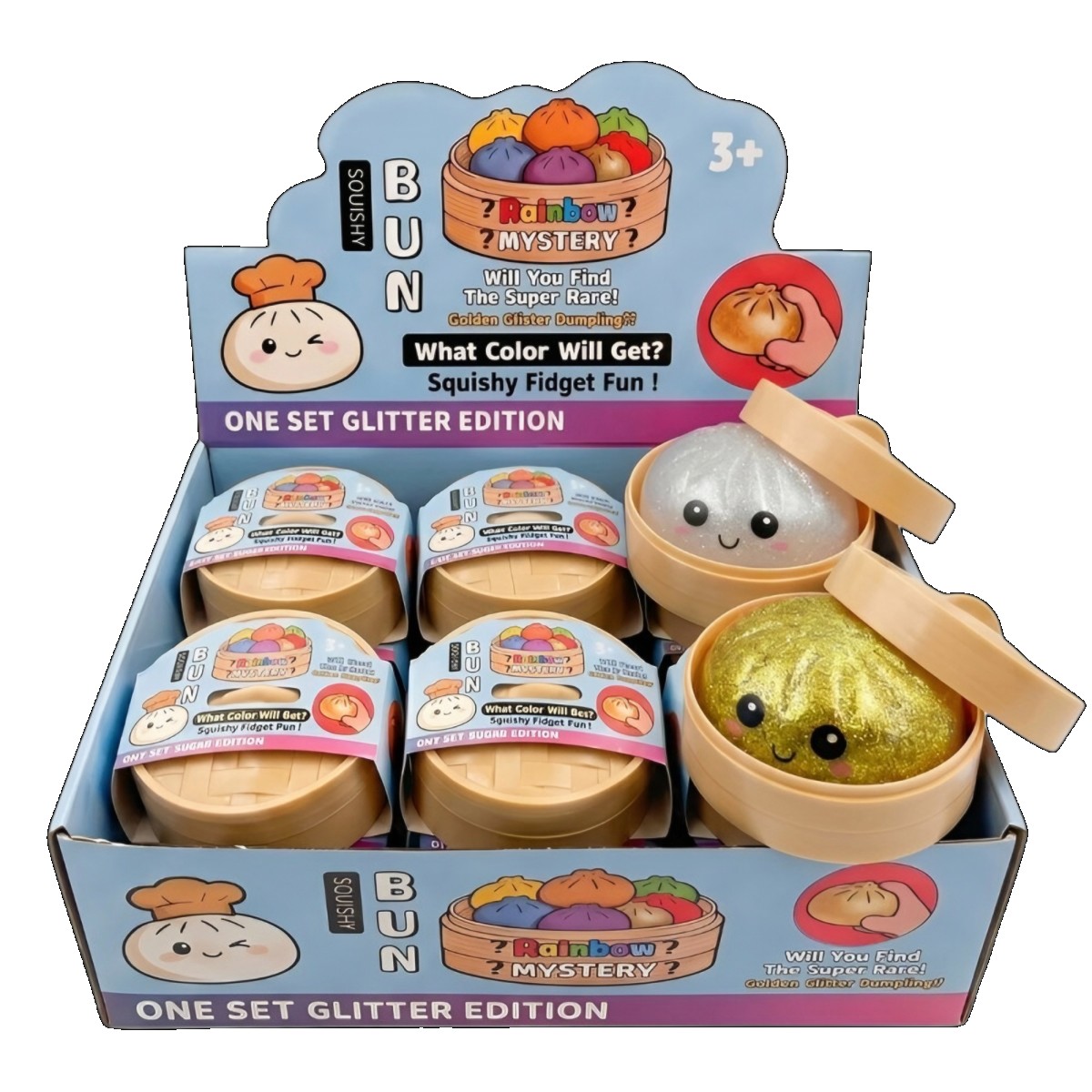 One Set Glitter Edition mystery dumpling squishy steamer with gold glitter bun